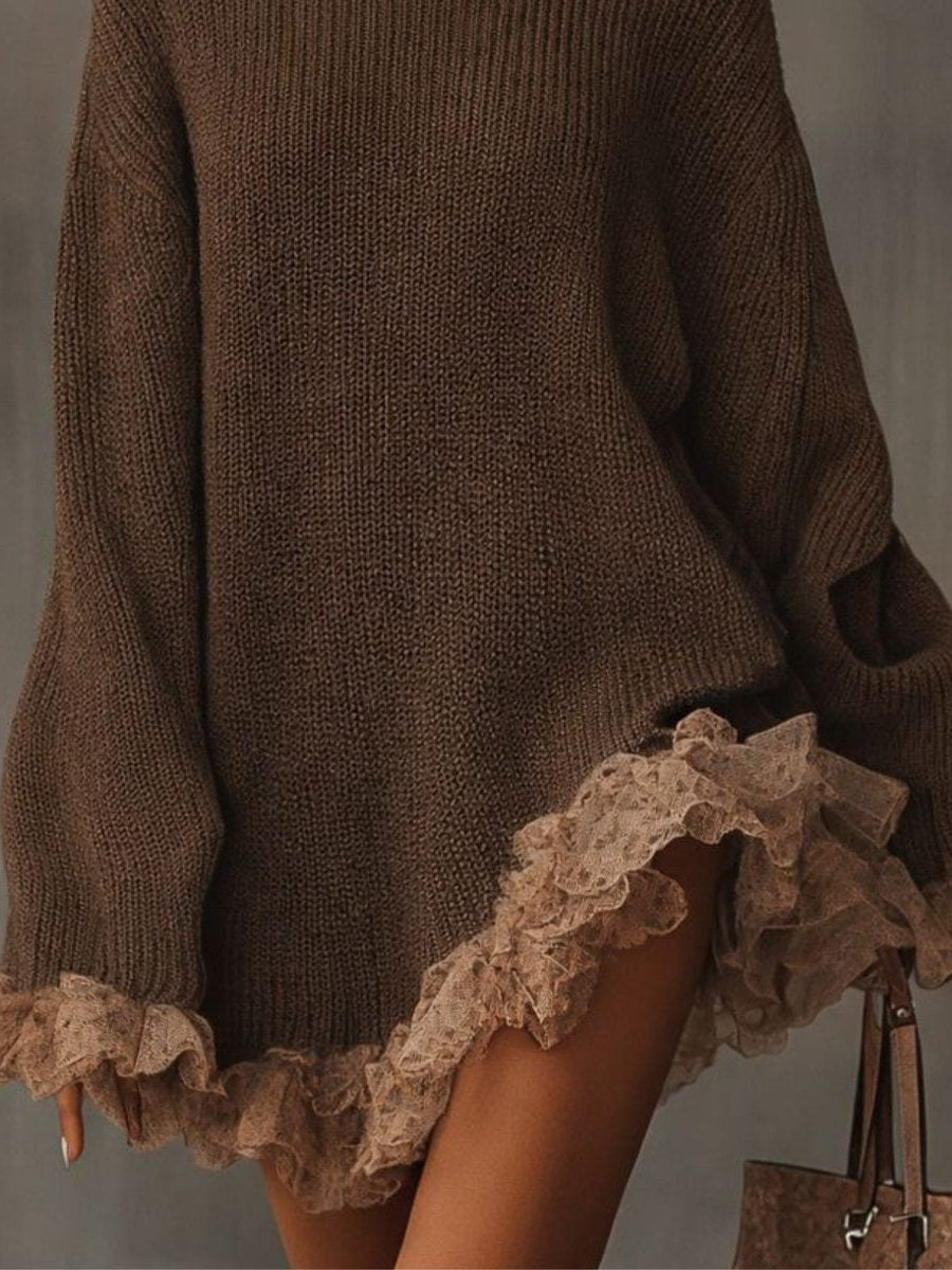Oversized Roll Neck Knit Dress with Lace Ruffle Hem