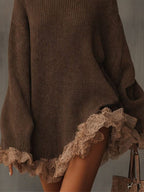 Oversized Roll Neck Knit Dress with Lace Ruffle Hem