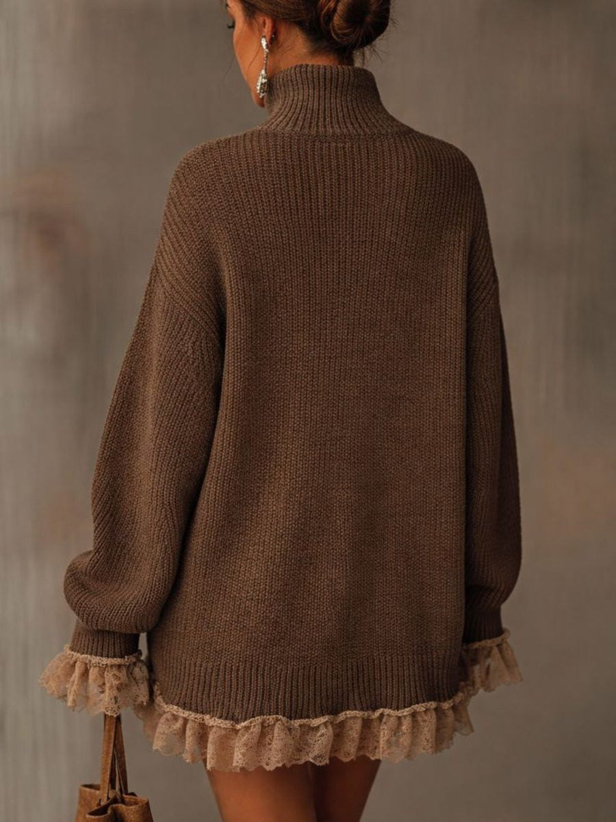 Oversized Roll Neck Knit Dress with Lace Ruffle Hem