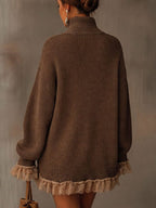 Oversized Roll Neck Knit Dress with Lace Ruffle Hem