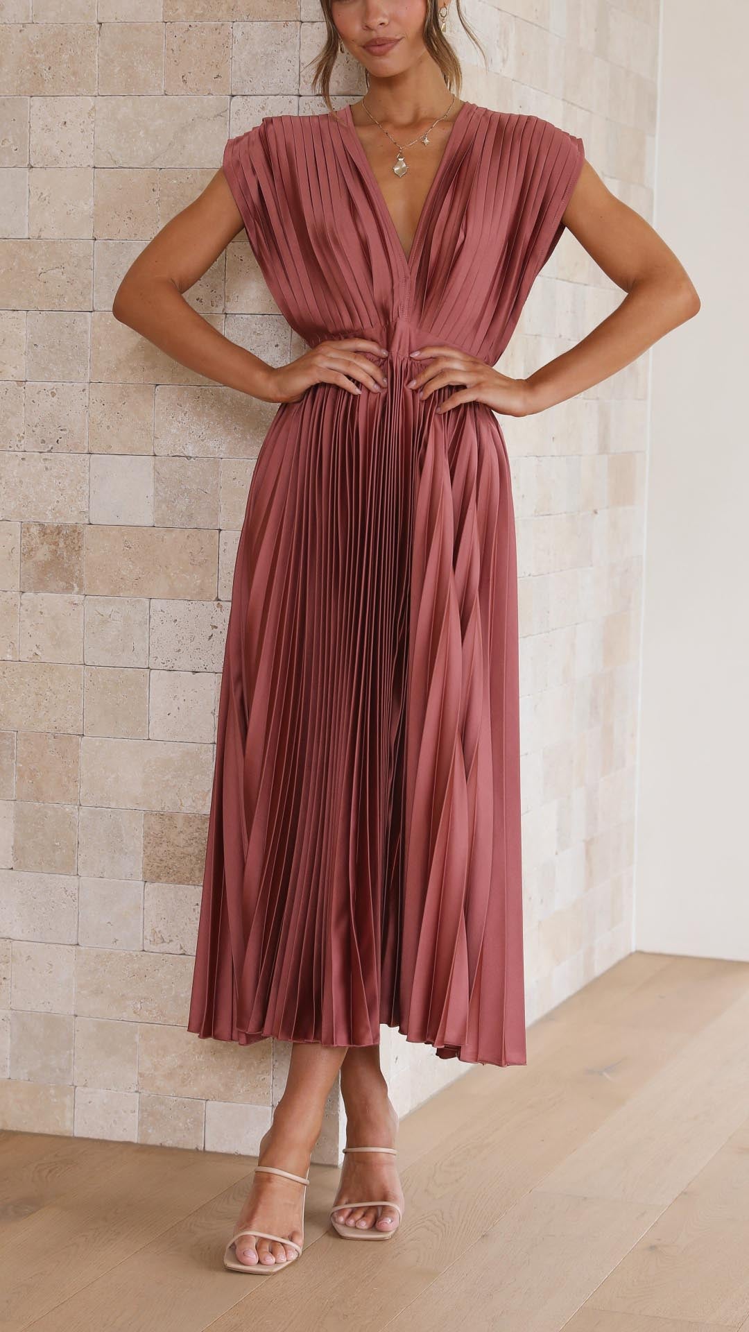 Pleated Maxi Dress with Deep V-Neck and Cap Sleeves