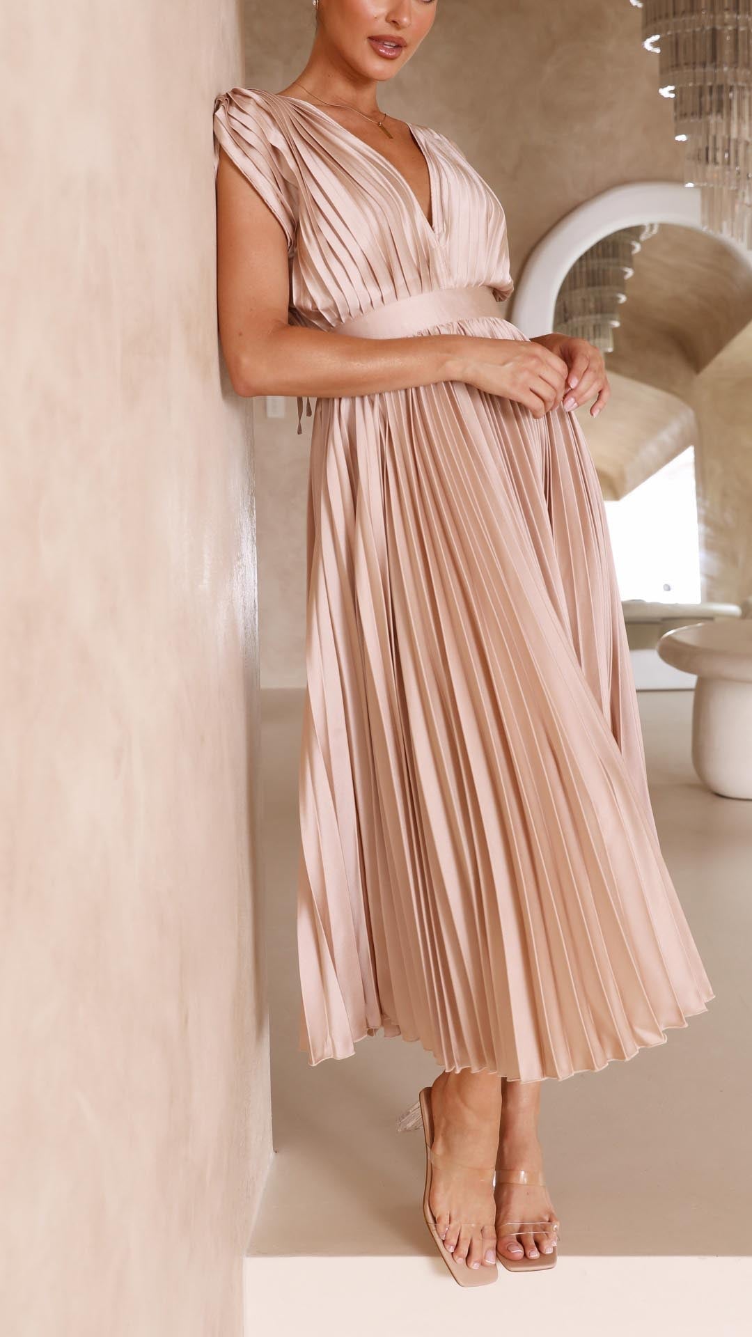 Pleated Maxi Dress with Deep V-Neck and Cap Sleeves