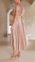 Pleated Maxi Dress with Deep V-Neck and Cap Sleeves