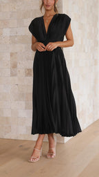 Pleated Maxi Dress with Deep V-Neck and Cap Sleeves