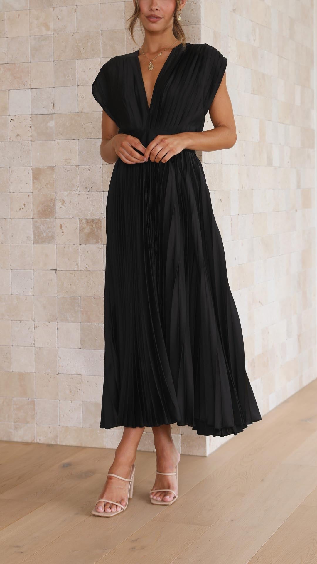 Pleated Maxi Dress with Deep V-Neck and Cap Sleeves