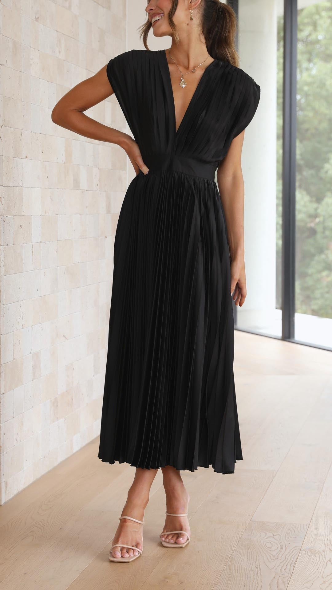 Pleated Maxi Dress with Deep V-Neck and Cap Sleeves