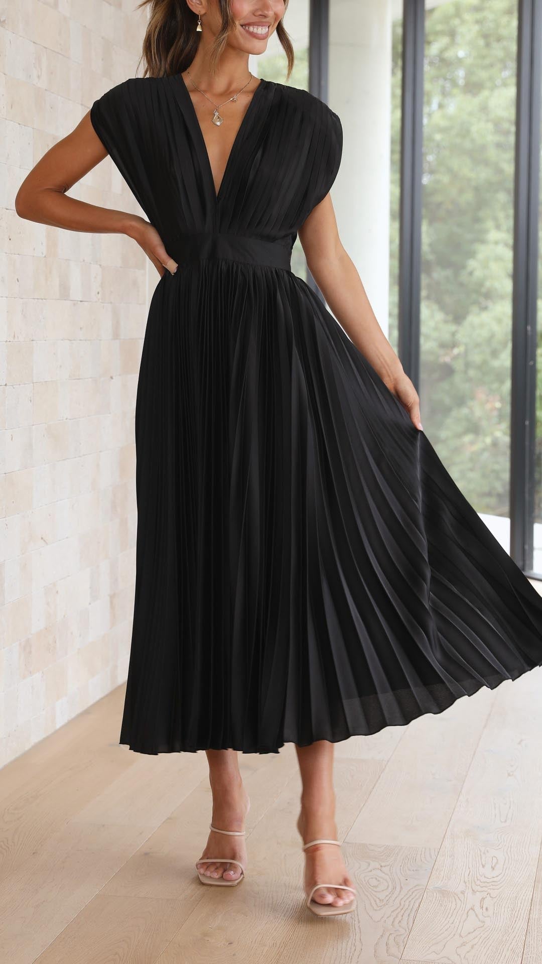Pleated Maxi Dress with Deep V-Neck and Cap Sleeves