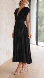 Pleated Maxi Dress with Deep V-Neck and Cap Sleeves
