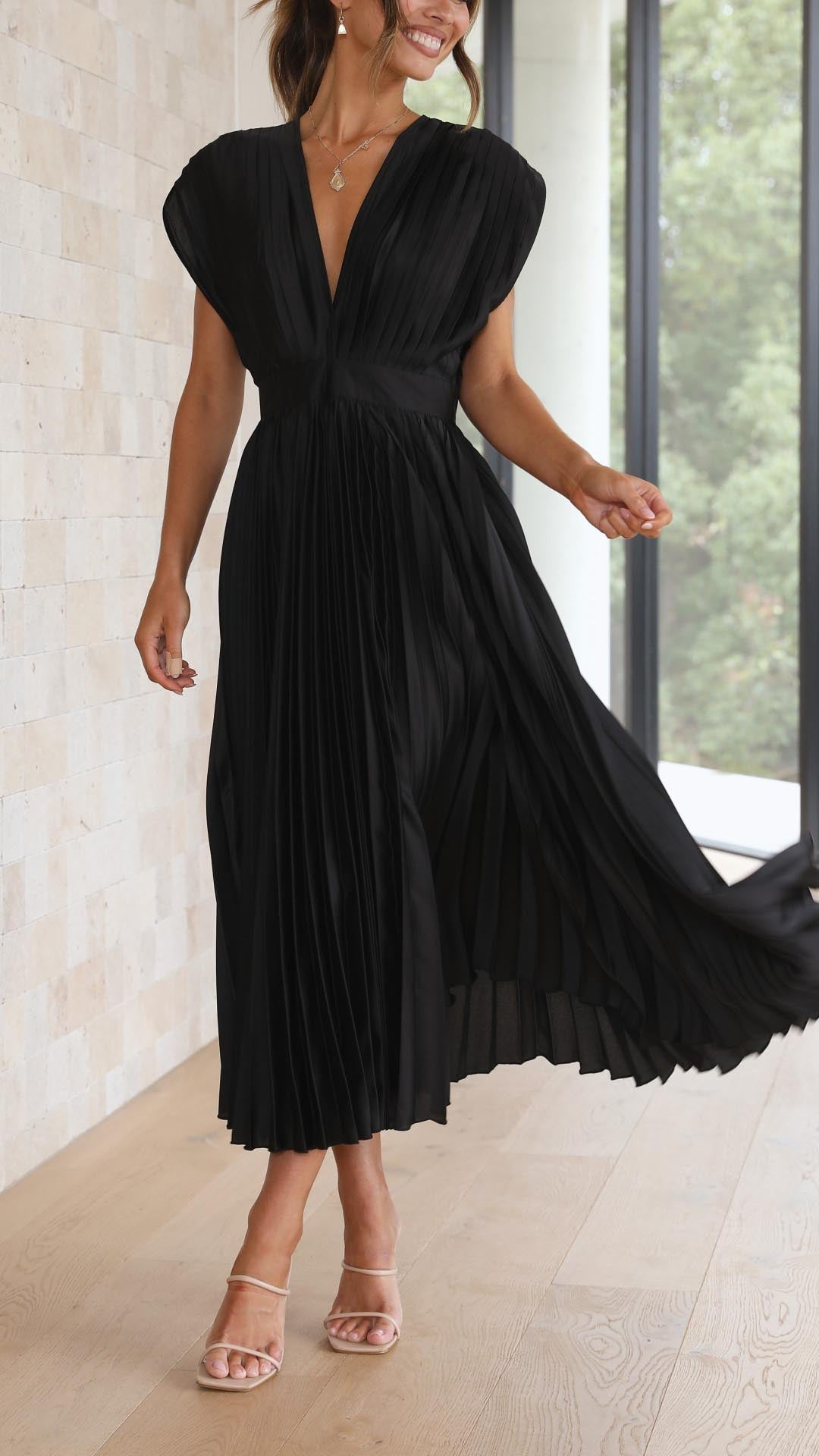 Pleated Maxi Dress with Deep V-Neck and Cap Sleeves - Black