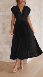 Pleated Maxi Dress with Deep V-Neck and Cap Sleeves