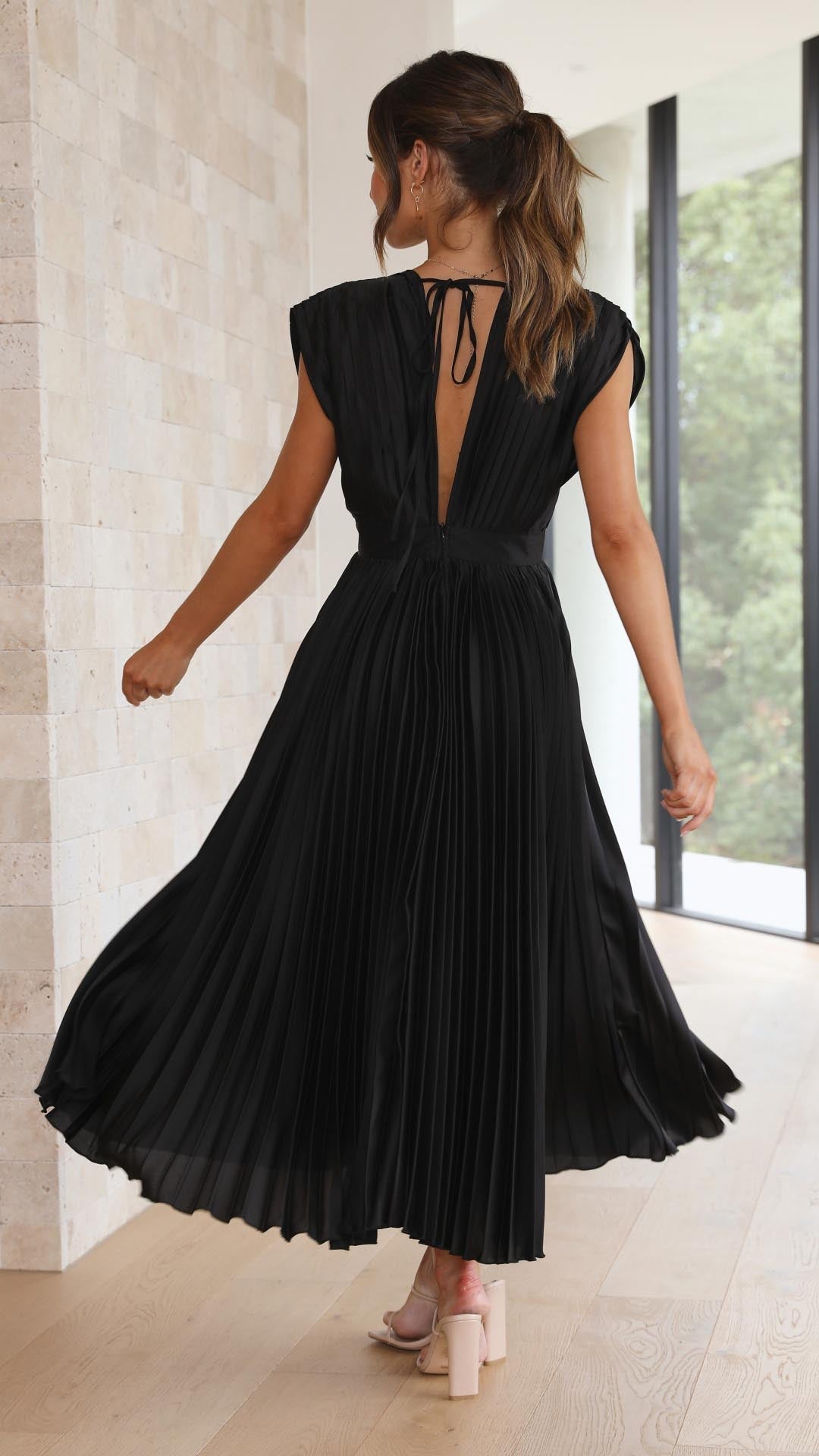 Pleated Maxi Dress with Deep V-Neck and Cap Sleeves
