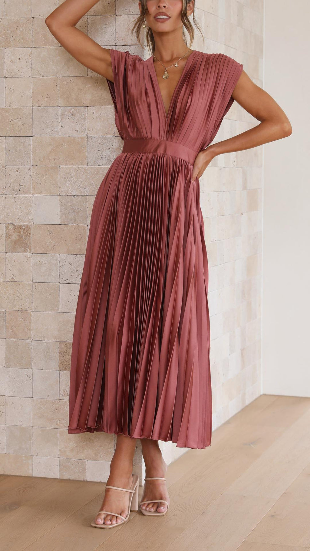 Pleated Maxi Dress with Deep V-Neck and Cap Sleeves