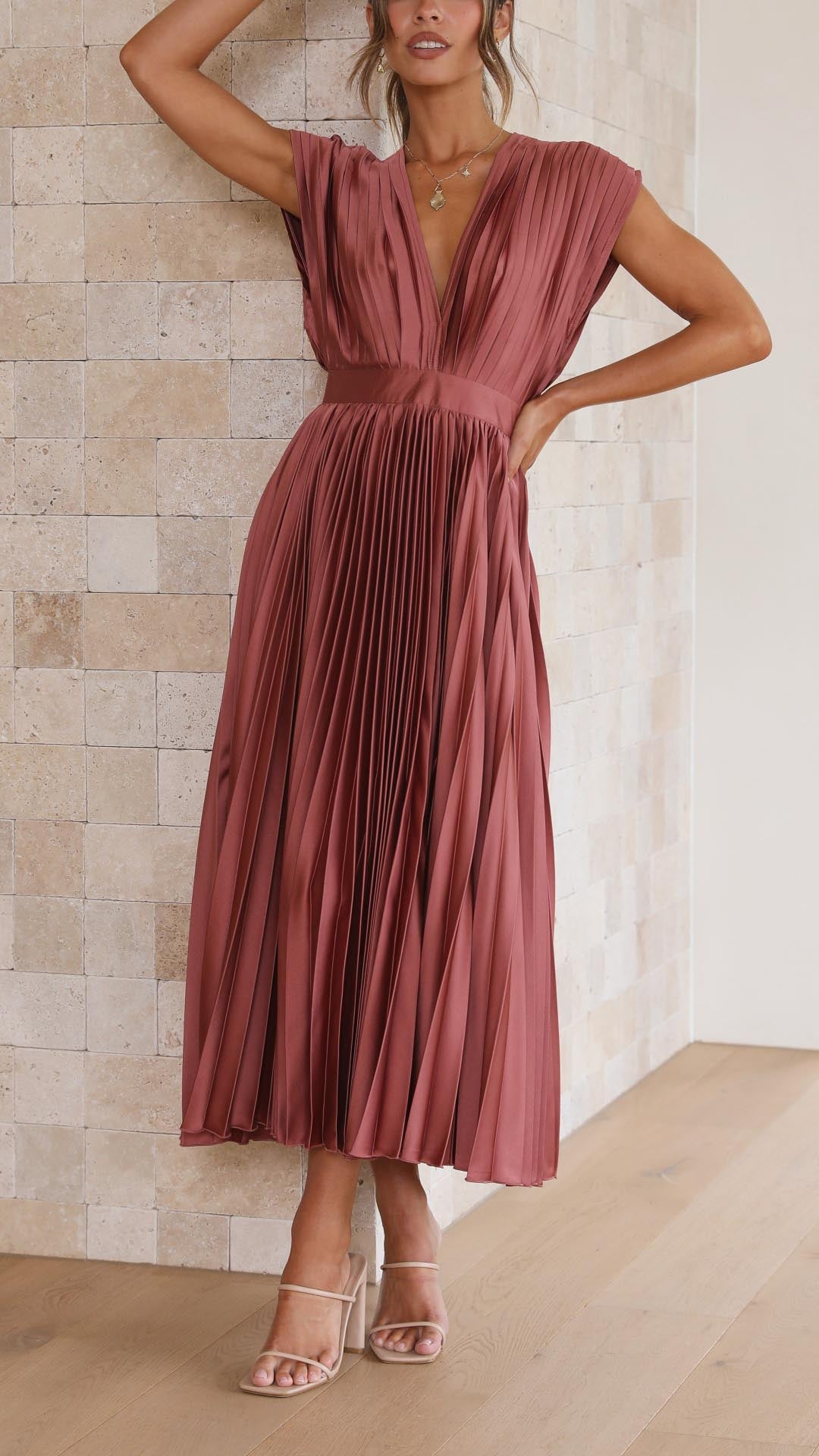Pleated Maxi Dress with Deep V-Neck and Cap Sleeves