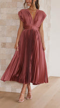 Pleated Maxi Dress with Deep V-Neck and Cap Sleeves - Antique Pink