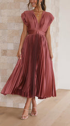 Pleated Maxi Dress with Deep V-Neck and Cap Sleeves - Antique Pink