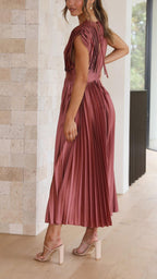 Pleated Maxi Dress with Deep V-Neck and Cap Sleeves