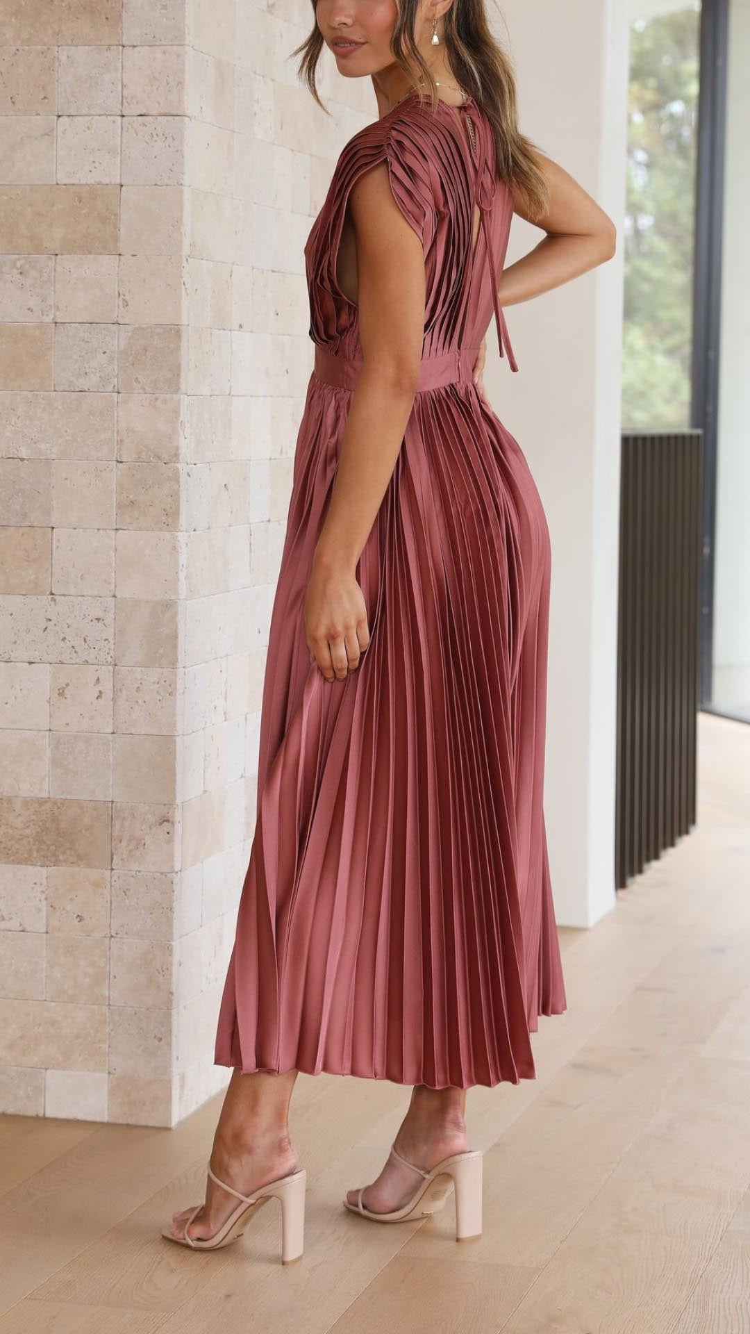 Pleated Maxi Dress with Deep V-Neck and Cap Sleeves