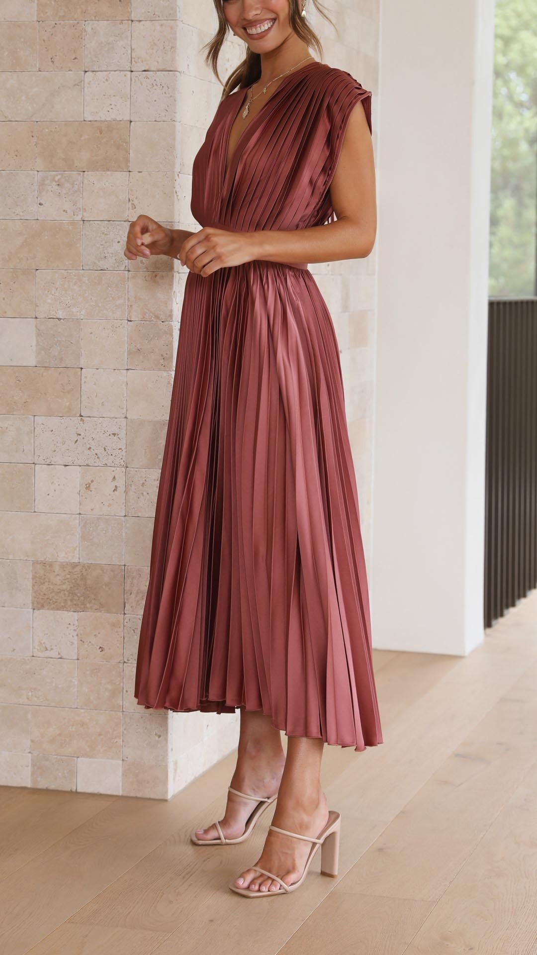 Pleated Maxi Dress with Deep V-Neck and Cap Sleeves