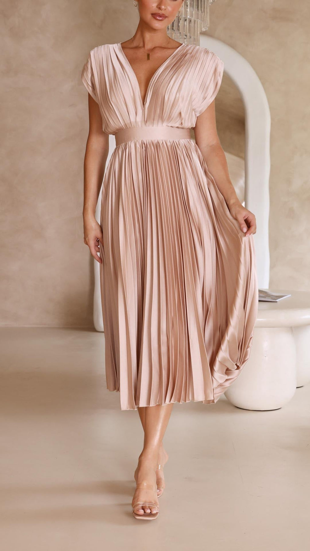 Pleated Maxi Dress with Deep V-Neck and Cap Sleeves