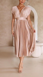 Pleated Maxi Dress with Deep V-Neck and Cap Sleeves