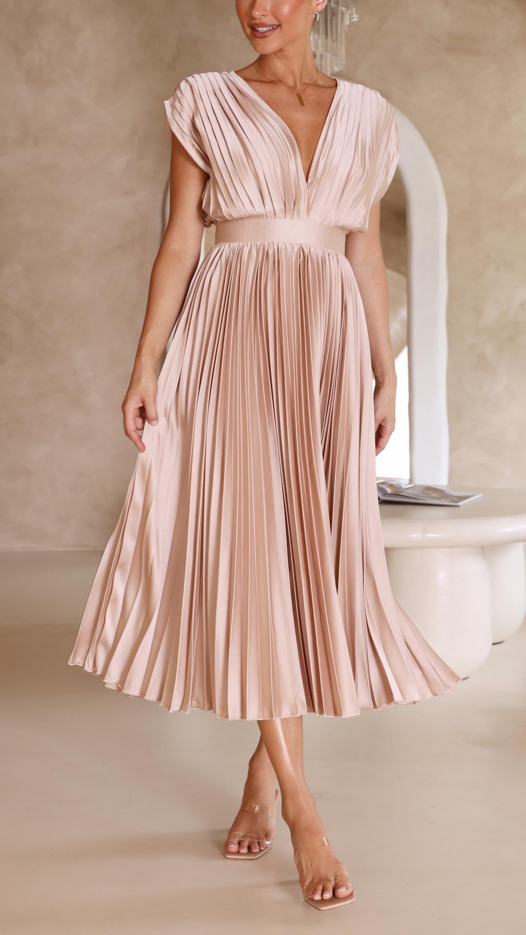 Pleated Maxi Dress with Deep V-Neck and Cap Sleeves - Champagne