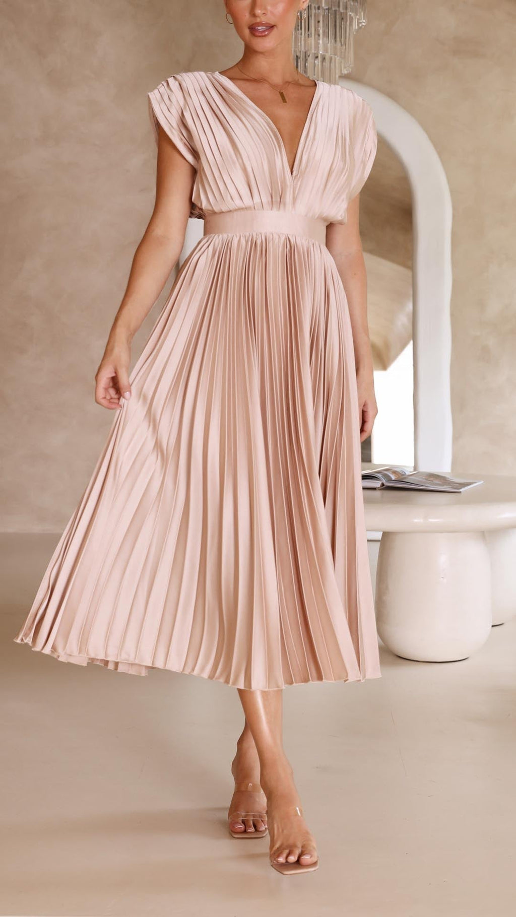 Pleated Maxi Dress with Deep V-Neck and Cap Sleeves