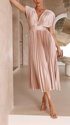 Pleated Maxi Dress with Deep V-Neck and Cap Sleeves