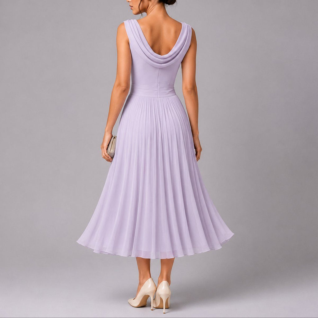 Pleated Midi Dress with Draped Neckline and Sleeveless Cut