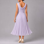Pleated Midi Dress with Draped Neckline and Sleeveless Cut