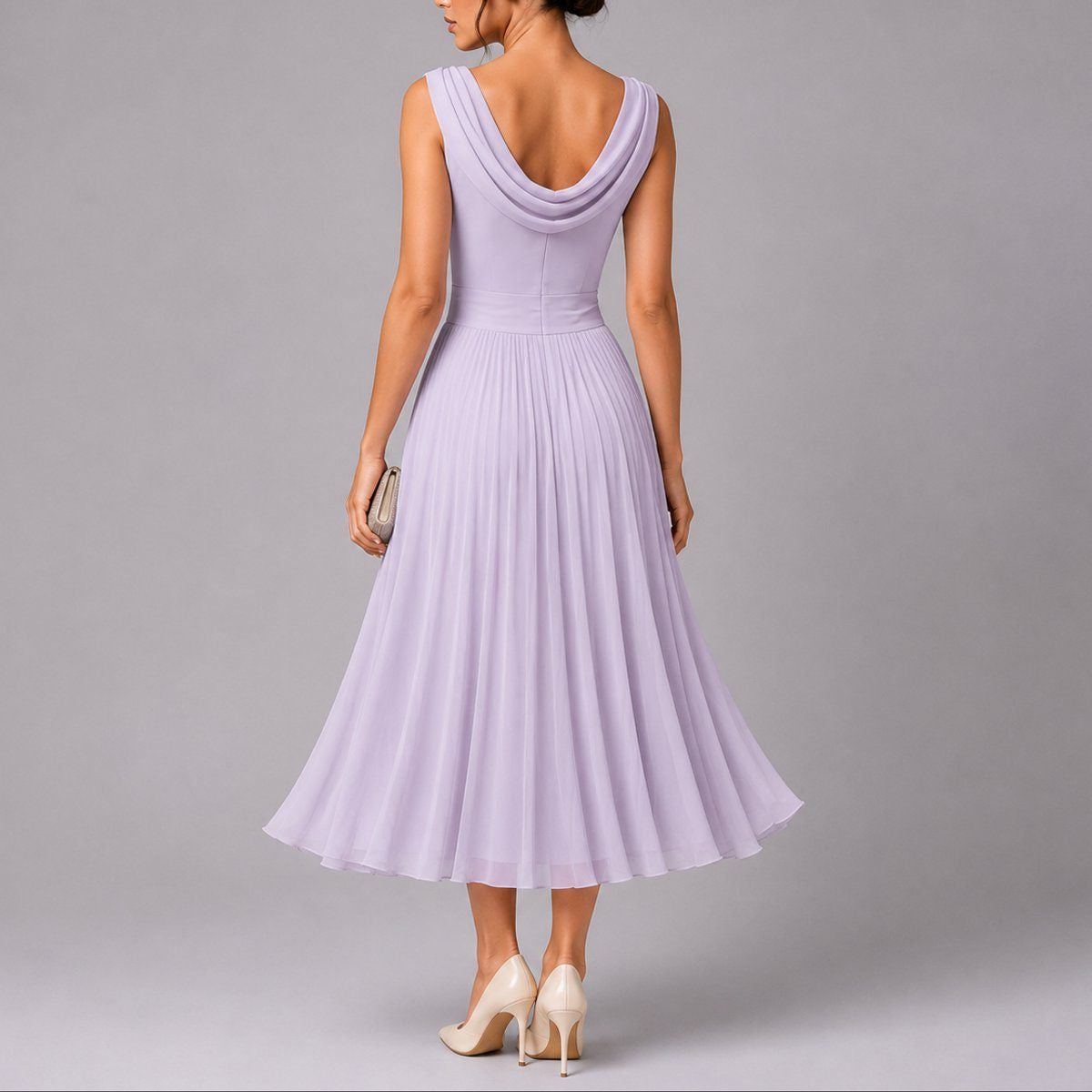 Pleated Midi Dress with Draped Neckline and Sleeveless Cut