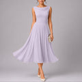 Pleated Midi Dress with Draped Neckline and Sleeveless Cut - Purple