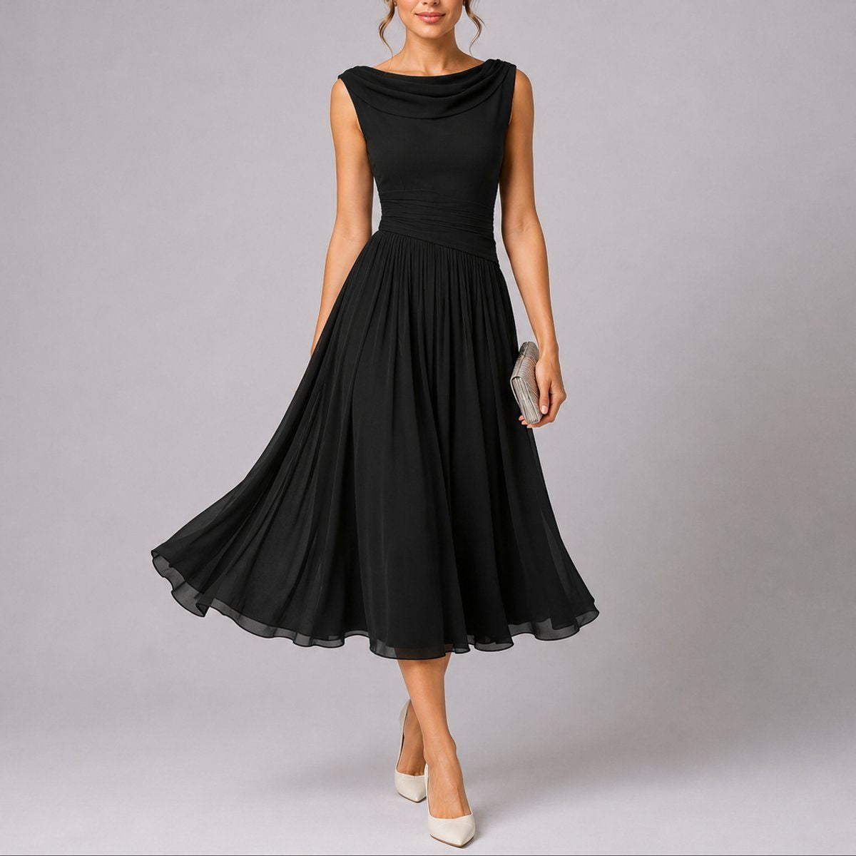 Pleated Midi Dress with Draped Neckline and Sleeveless Cut - Black