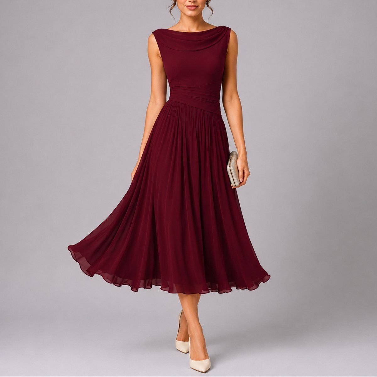 Pleated Midi Dress with Draped Neckline and Sleeveless Cut - Red