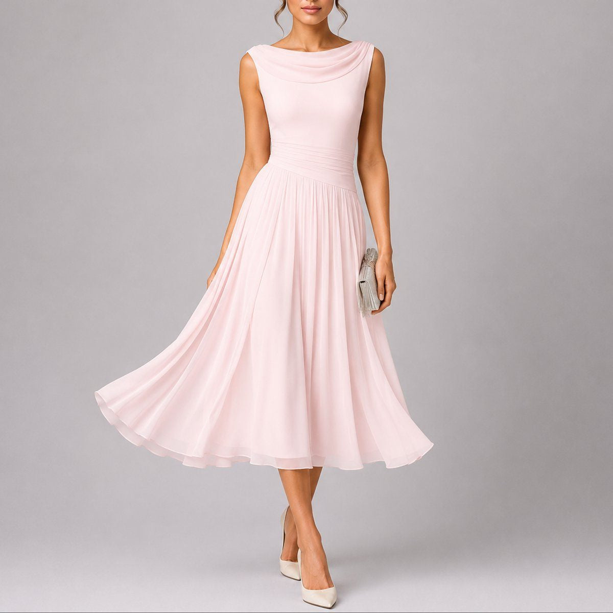 Pleated Midi Dress with Draped Neckline and Sleeveless Cut - Pink