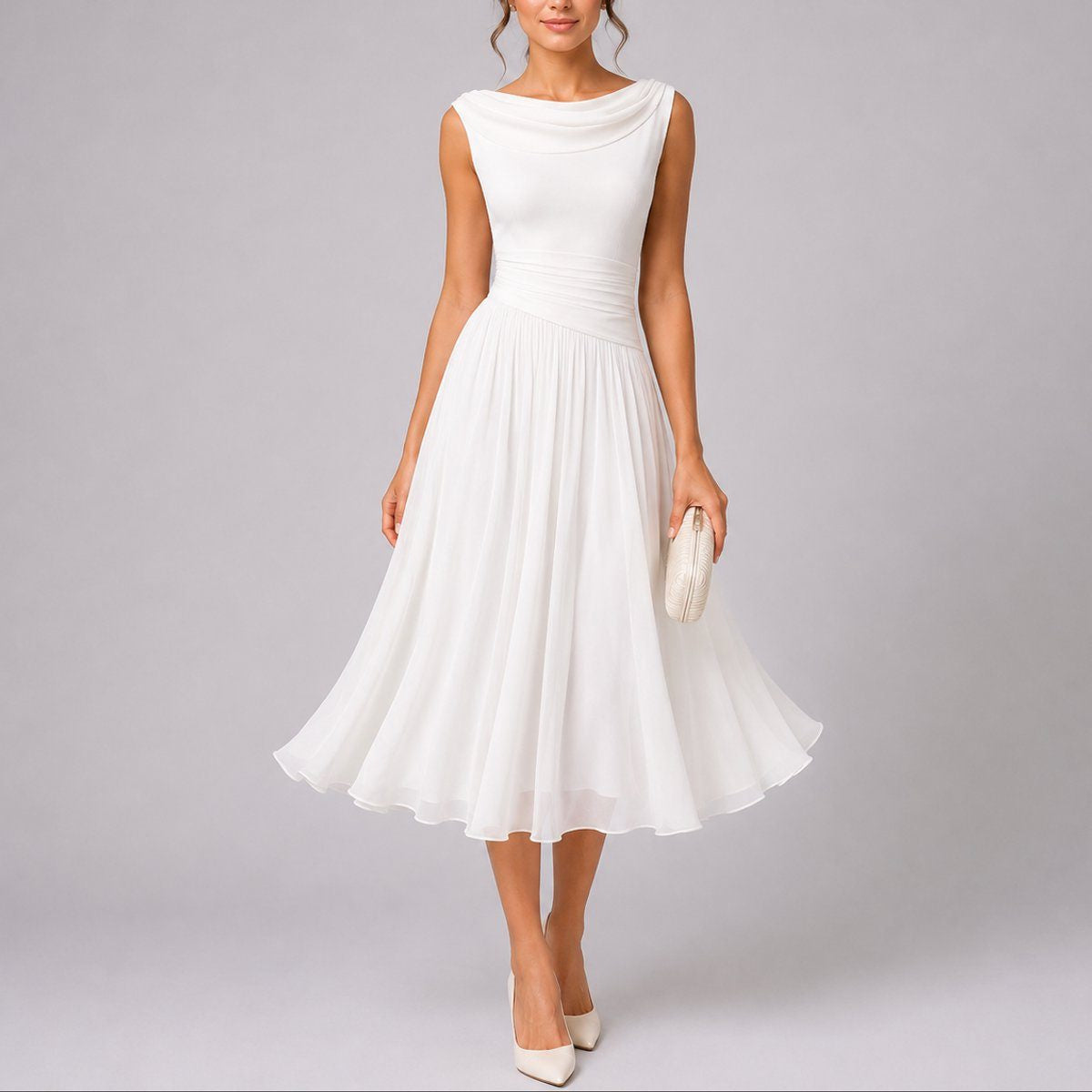 Pleated Midi Dress with Draped Neckline and Sleeveless Cut - White