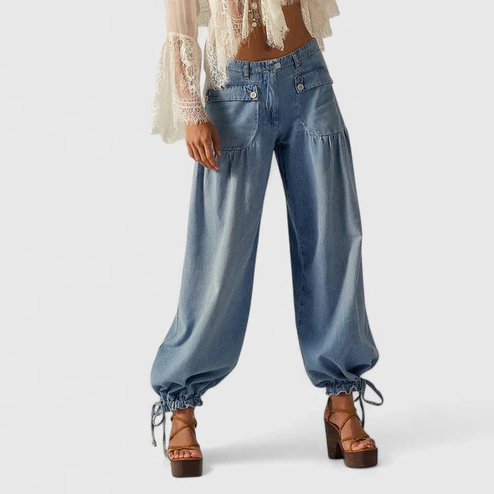 Pleated Wide Leg Jeans with Gathered Ankle Cuffs - Light Blue