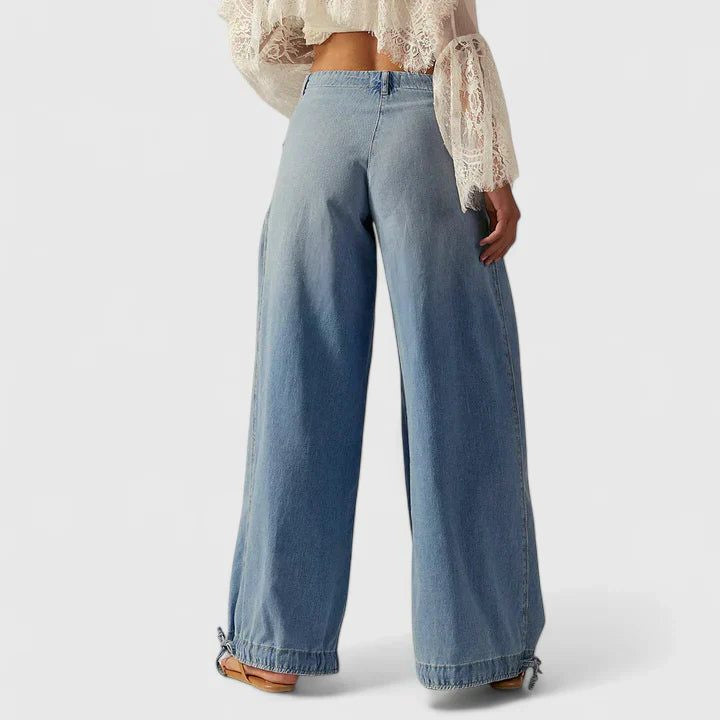 Pleated Wide Leg Jeans with Gathered Ankle Cuffs