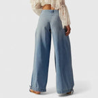Pleated Wide Leg Jeans with Gathered Ankle Cuffs