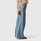 Pleated Wide Leg Jeans with Gathered Ankle Cuffs