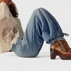Pleated Wide Leg Jeans with Gathered Ankle Cuffs