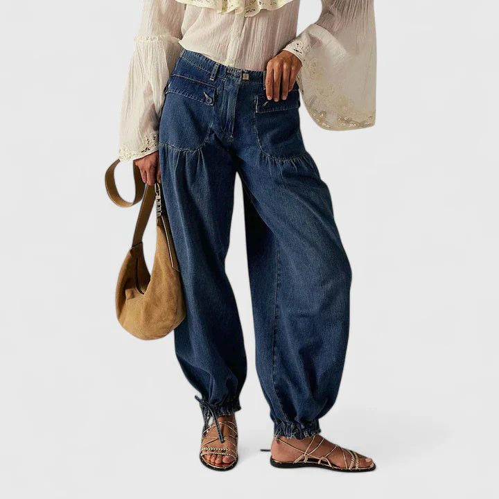 Pleated Wide Leg Jeans with Gathered Ankle Cuffs - Dark Blue
