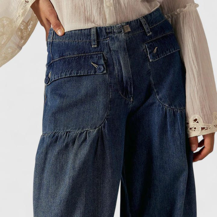 Pleated Wide Leg Jeans with Gathered Ankle Cuffs