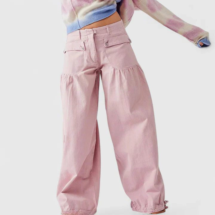 Pleated Wide Leg Jeans with Gathered Ankle Cuffs - Pink