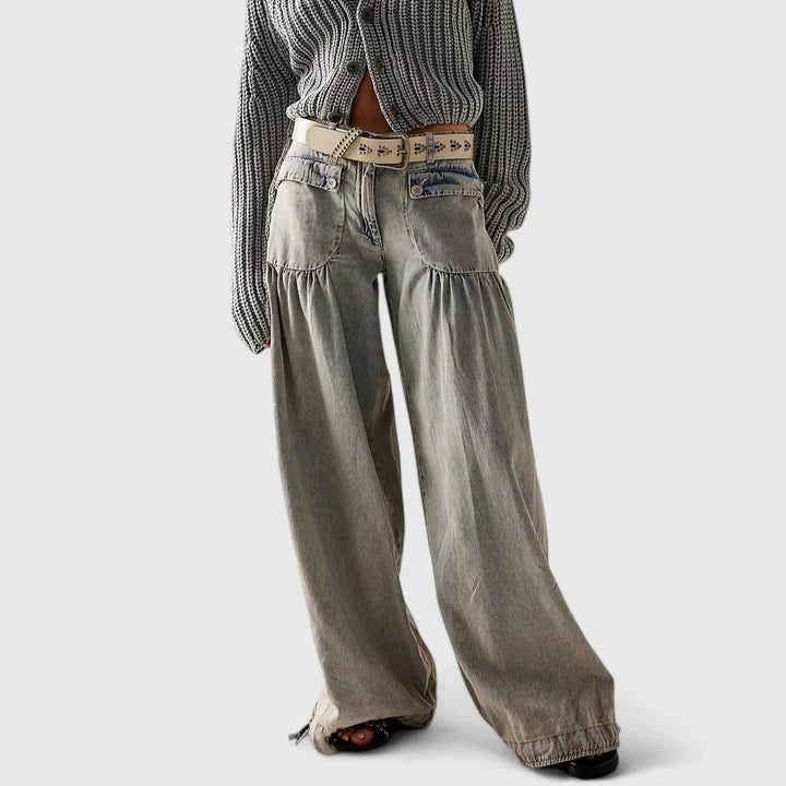Pleated Wide Leg Jeans with Gathered Ankle Cuffs - Grey