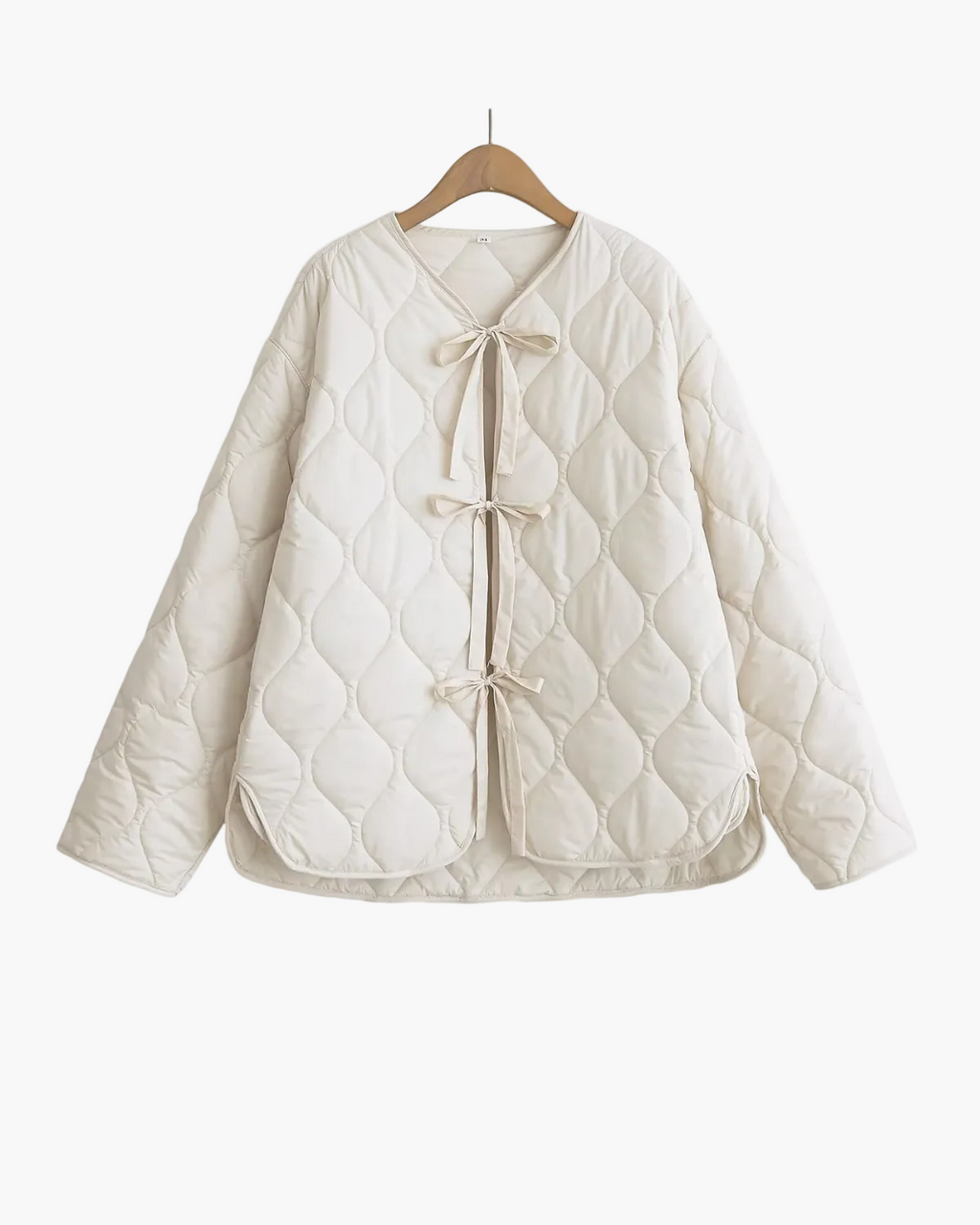 Quilted Jacket with Front Bow Ties and Round Neck - White