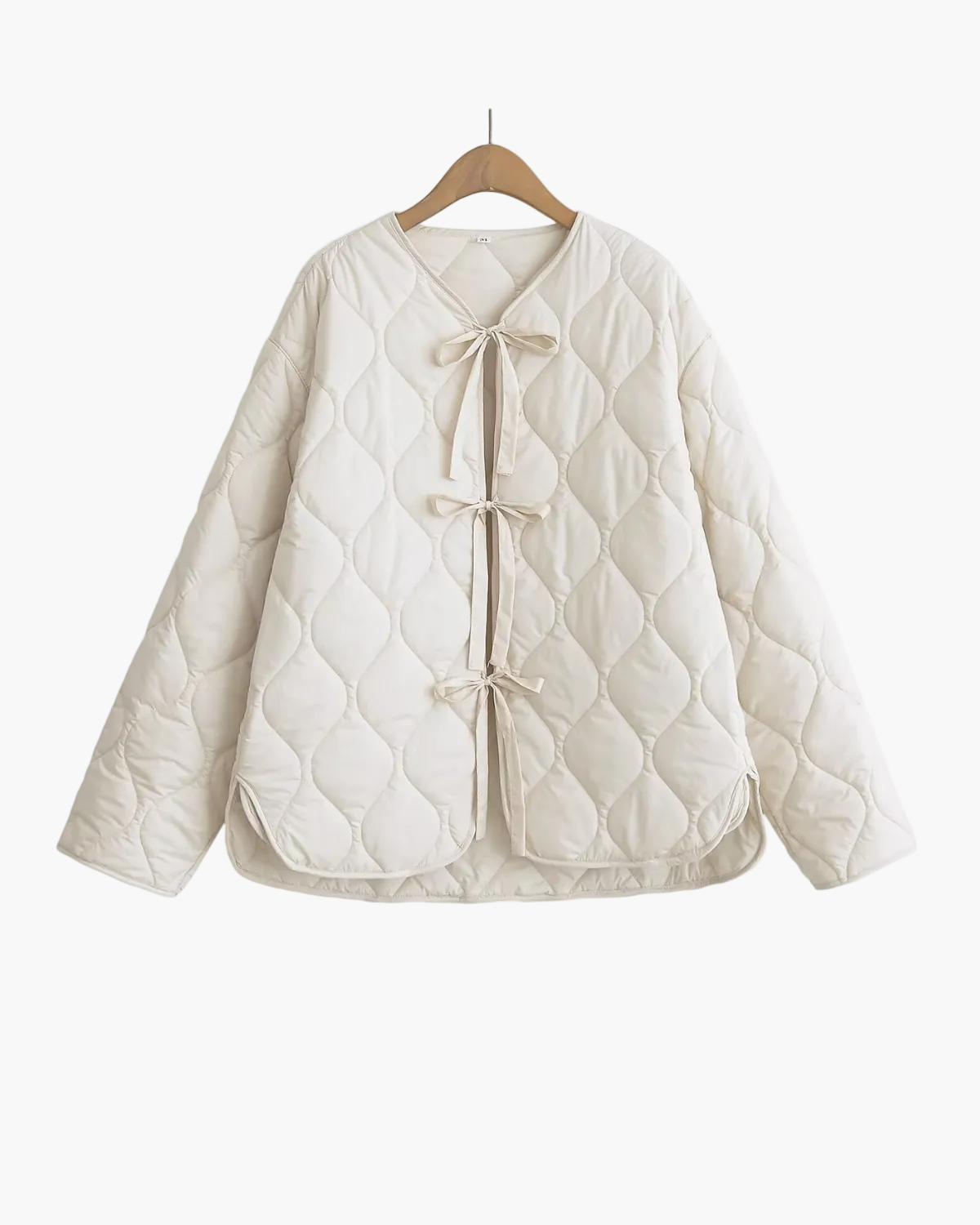Quilted Jacket with Front Bow Ties and Round Neck - White
