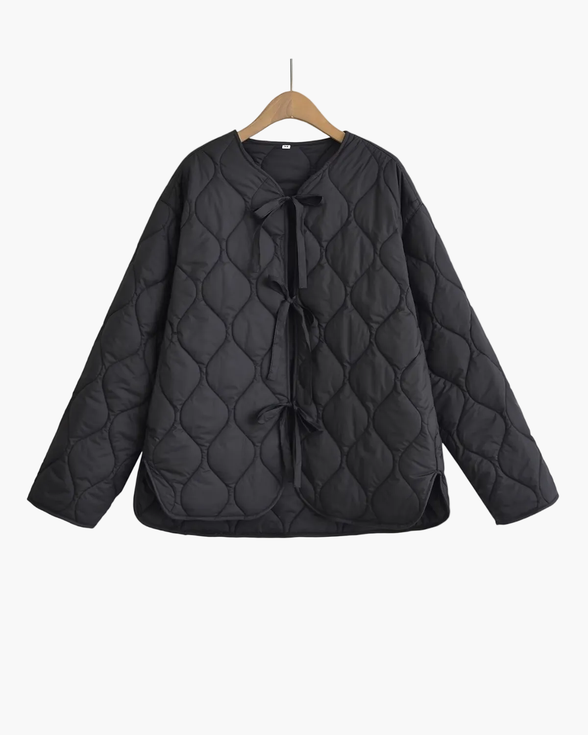 Quilted Jacket with Front Bow Ties and Round Neck - Black