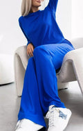 Ribbed Knit Co-ord Set with Long Sleeves and Wide Pants - Blue