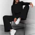 Ribbed Knit Co-ord Set with Long Sleeves and Wide Pants