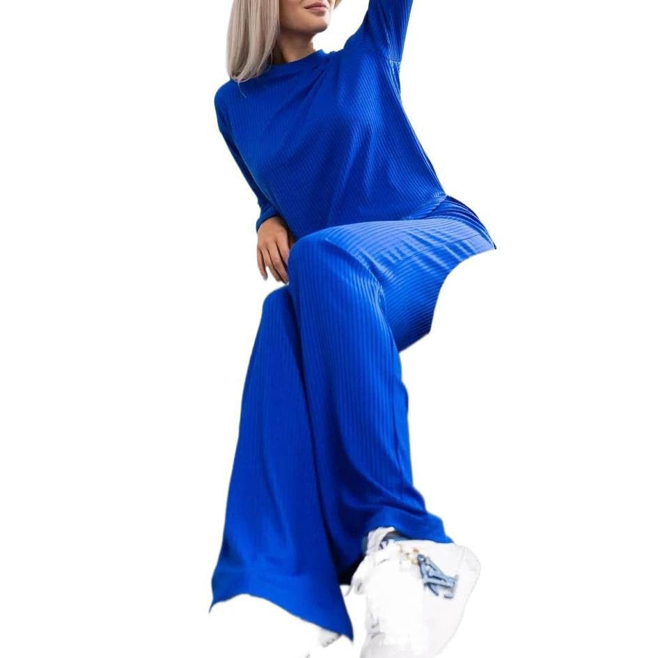 Ribbed Knit Co-ord Set with Long Sleeves and Wide Pants
